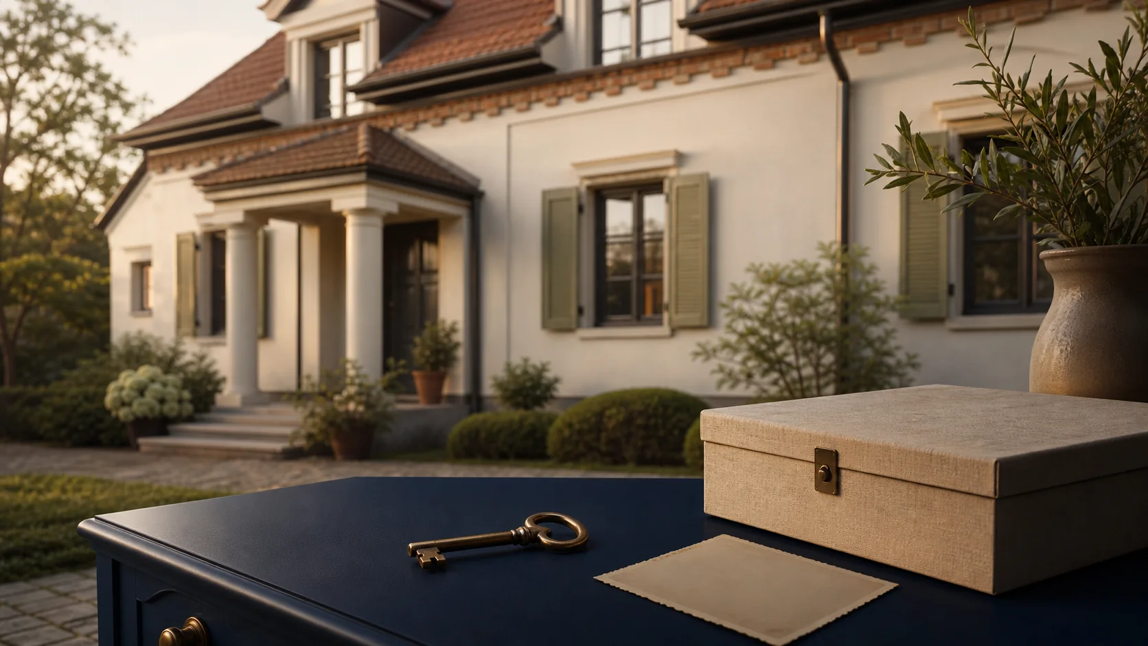 Geerbtes Haus in Polen mit altem Schlüssel und geordneter Dokumentenbox